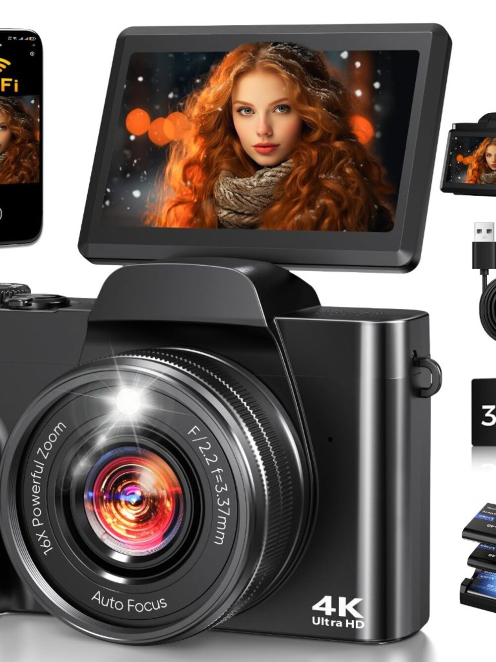 NEW 4K Digital Camera WiFi 180 Flip Screen Autofocus Vlogging for YouTube Travel